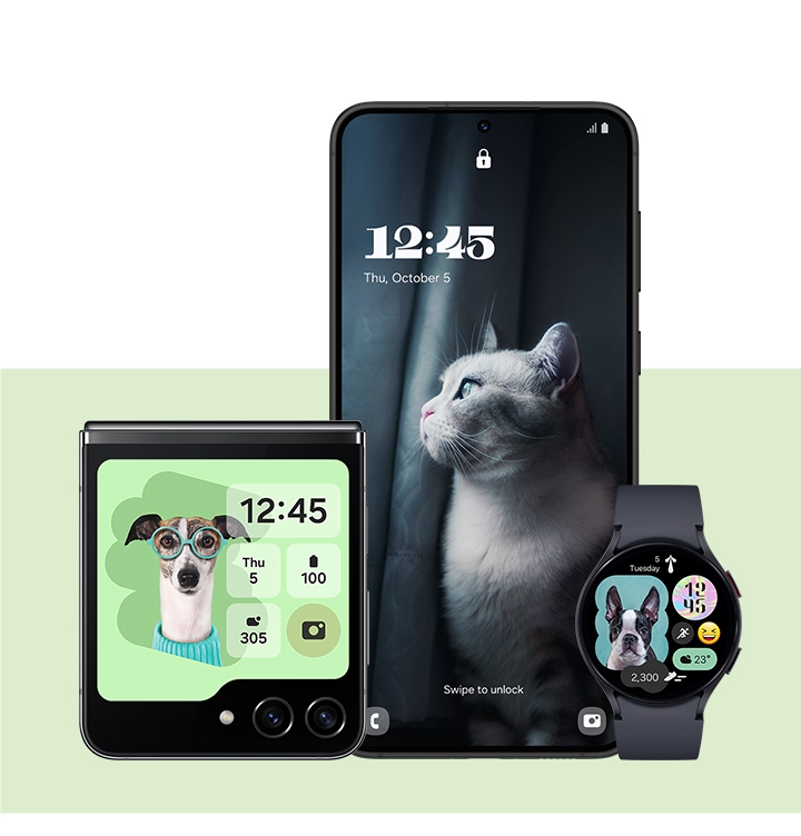 A Galaxy Z Flip5 phone is closed to show its cover screen, a Galaxy S23 Ultra shows its rectangular screen and a Galaxy Watch is set upright to show its round screen. The screens on all three devices change to show different customization options. First, the devices display images of animals, with a significant use of green. Next, the devices display night-themed wallpaper with heavy uses of blues and purples, and the Galaxy Watch is set to sleep coaching. Next, the phones display sports-themed wallpaper with tennis and skateboarding and heavy use of sky blue coloring, while the Watch is set to a colorful digital clock format. Lastly, the phones display pictures of people, and the Watch displays a classic analog clock, with a significant use of pink.
